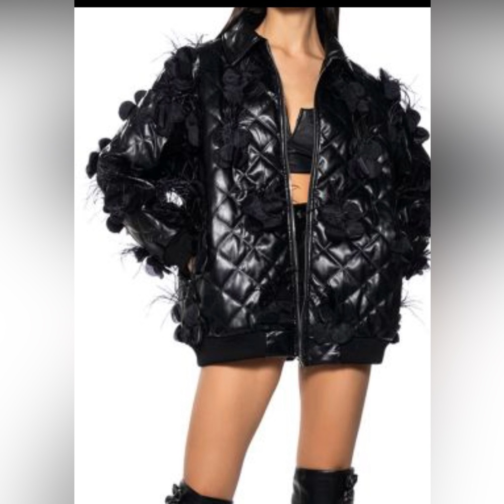 AKIRA Black Quilted Puffer with Floral Details